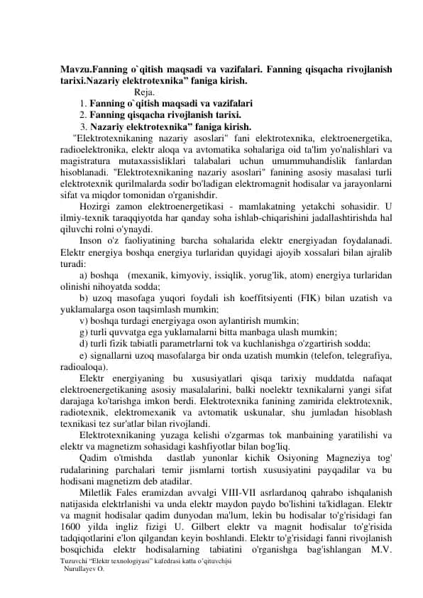 "Elektrotexnikaning nazariy asoslari"