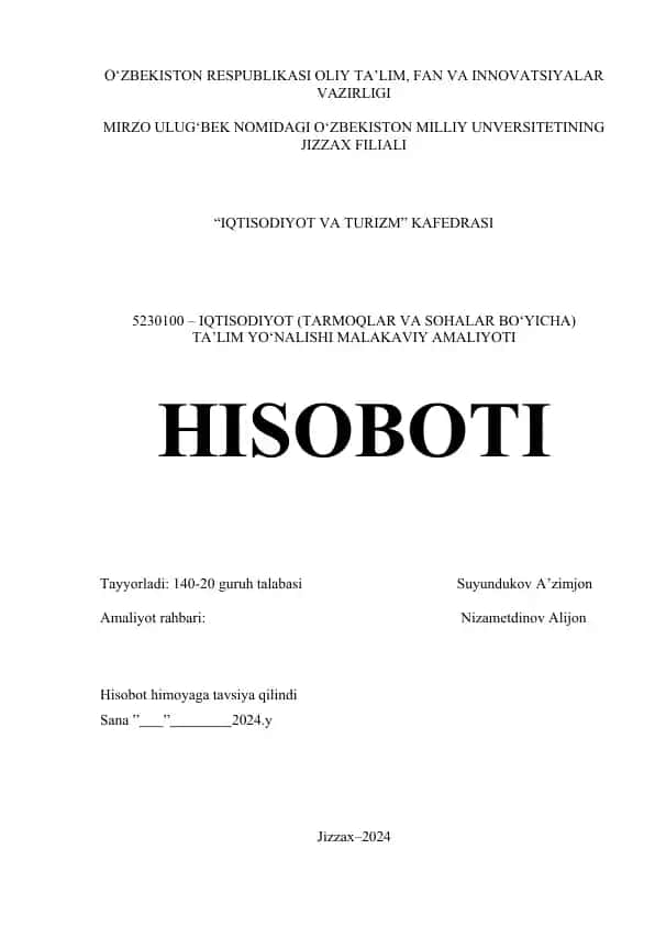 "5230100 – IQTISODIYOT (TARMOQLAR VA SOHALAR BO‘YICHA) TA’LIM YO‘NALISHI MALAKAVIY AMALIYOTI"