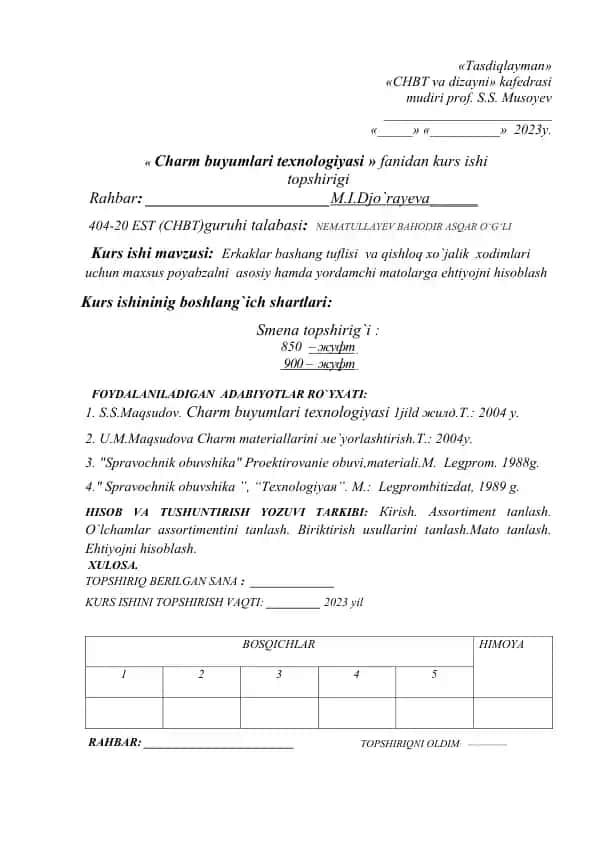 Charm buyumlari texnologiyasi fanidan kurs ishi topshirigi