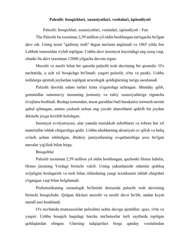 Paleolit: bosqichlari, xususiyatlari, vositalari, iqtisodiyoti