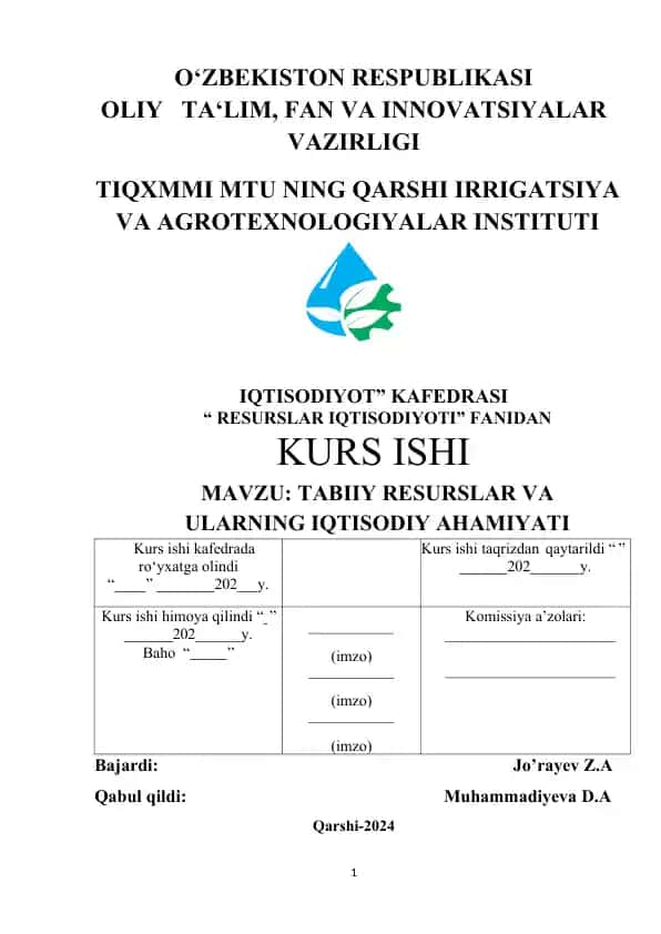 Kurs ishi mavzusi "Tabiiy resurslar va ularning iqtisodiy ahamiyati"