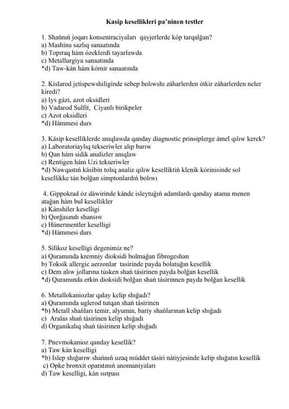 Kasip kesellikleri pa'ninen testler