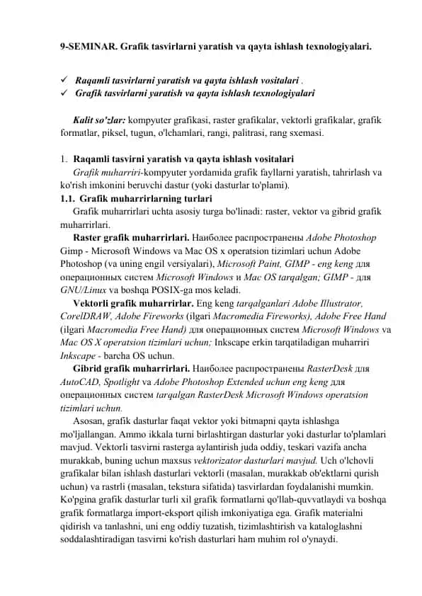 Grafik tasvirlarni yaratish va qayta ishlash texnologiyalari