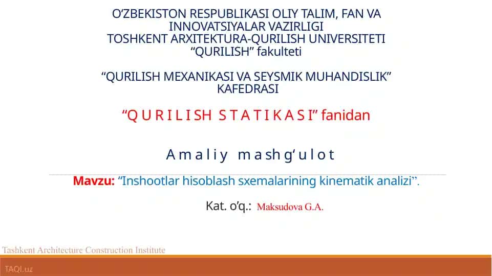 "Inshootlar hisoblash sxemalari kinematika analizi"