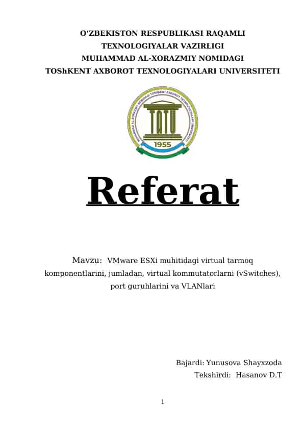 VMware ESXi virtual tarmoq komponentlarini komponentlarini
