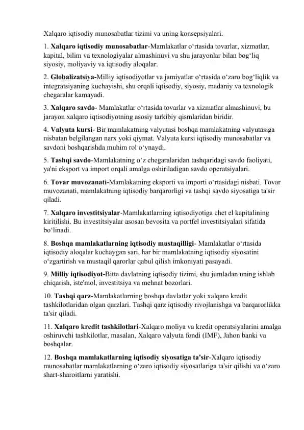 Xalqaro iqtisodiy munosabatlar tizimi va uning konsepsiyalari