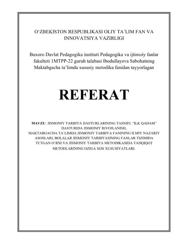 Jismoniy tarbiya dasturlarining umumiy tasnifi