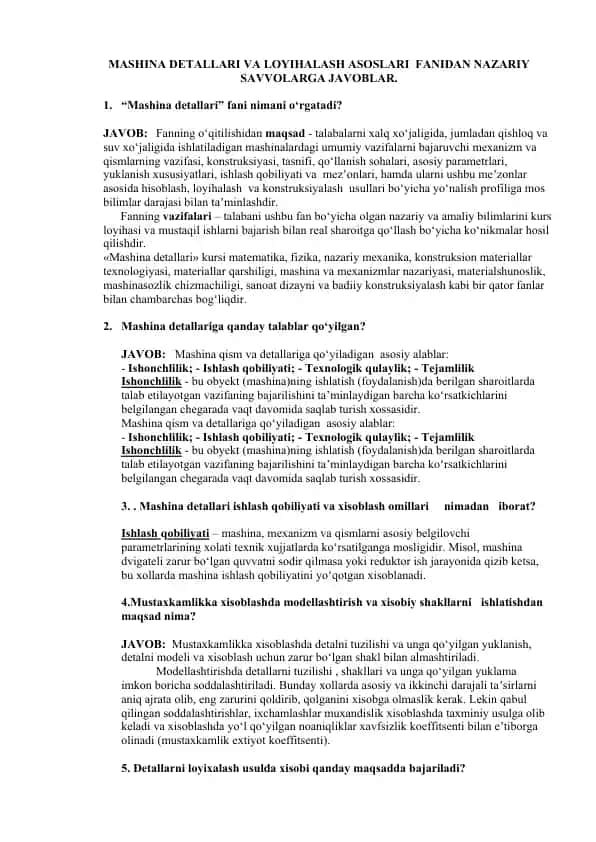 Mashina Detallari va Loyihalash Asoslari