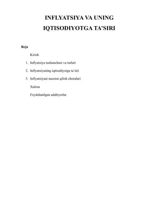 INFLYATSIYA VA UNING IQTISODIYOTGA TA’SIRI