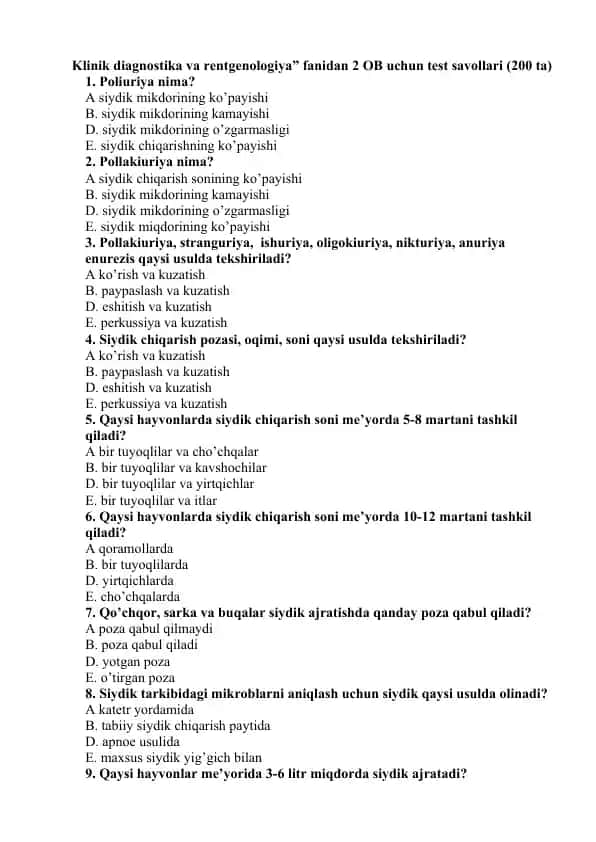 Klinik diagnostika va rentgenologiya uchun 2 OB uchun test savollari (200 ta)