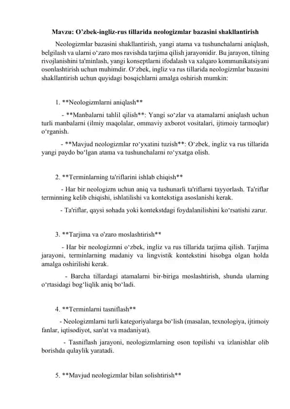 Neologizmlar bazasini shakllantirish