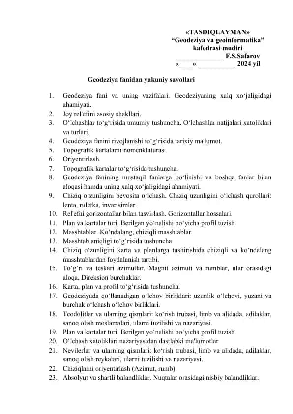 Geodeziya fanidan yakuniy savollari