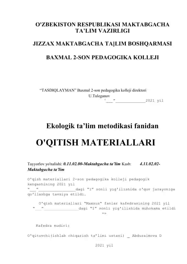 Ekologik ta’lim metodikasi o‘qitish materiallari