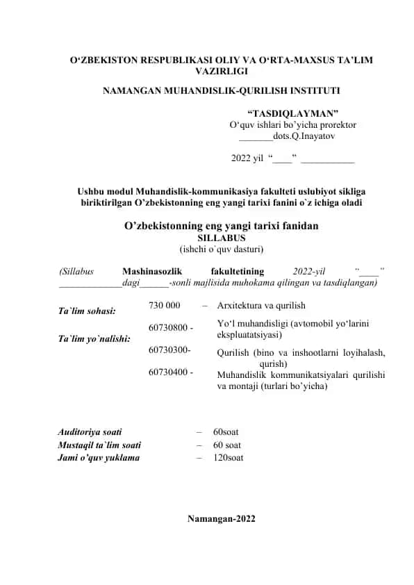 Ta'lim sohasi: Muhandislik kommunikatsiyalari qurilishi va montaji sillabusi