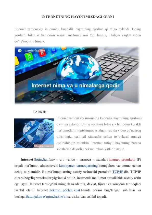 Internetning hayotimizdagi o'rni