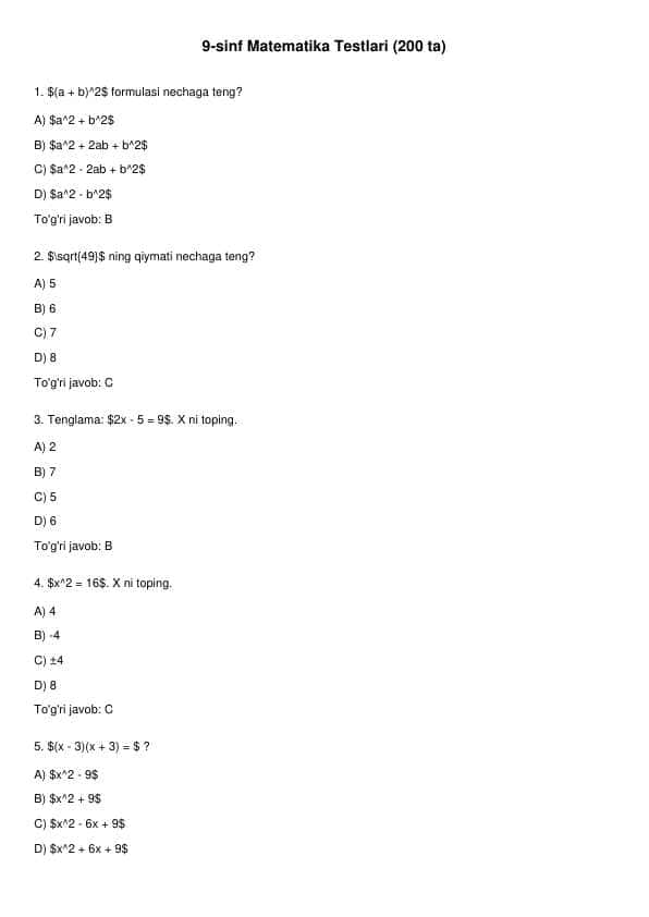 9-sinf Matematika Testlari (200 ta)