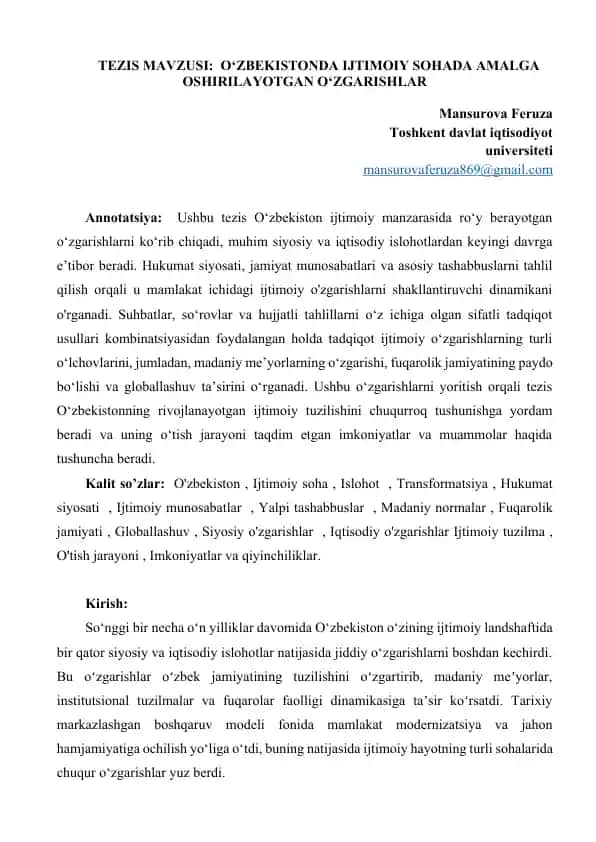 O‘ZBEKISTONDA IJTIMOIY SOHADA AMALGA OSHIRILAYOTGAN O‘ZGARISHLAR