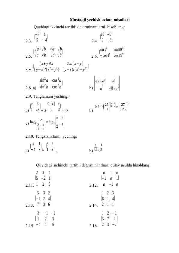 Determinant va tenglamalar mustaqil yechish uchun misollar to‘plami