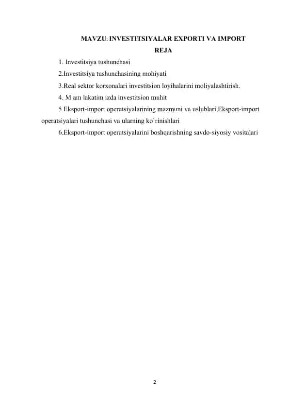 INVESTITSIYALAR EXPORTI VA IMPORT