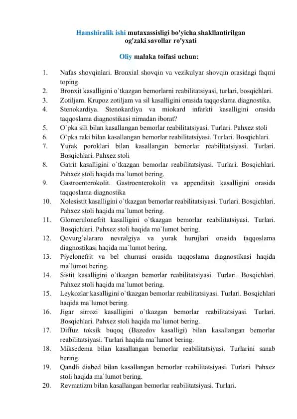 Hamshiralik ishi mutaxassisligi bo‘yicha og‘zaki savollar ro‘yxati