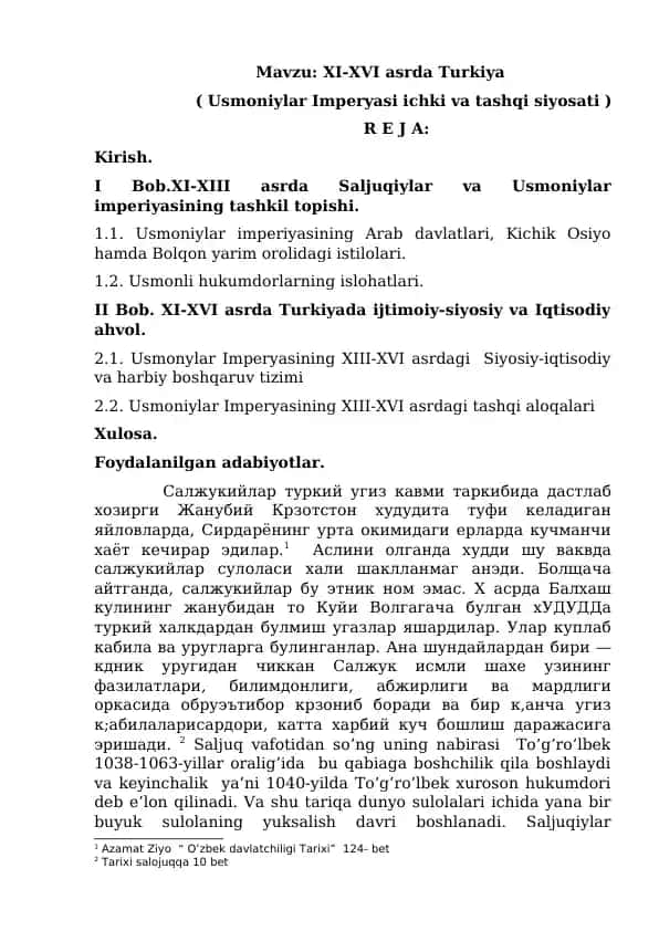 XI-XVI asrda Turkiya (Usmoniylar Imperyasi ichki va tashqi siyosati)