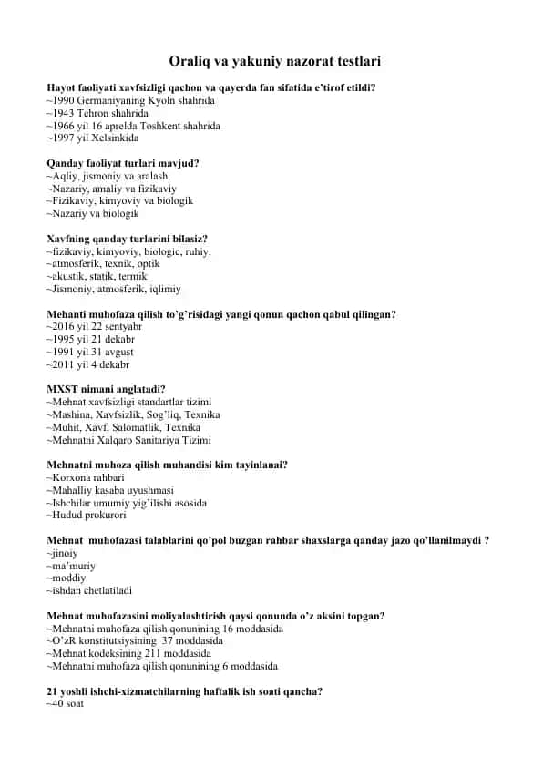 Oraliq va yakuniy nazorat testlari