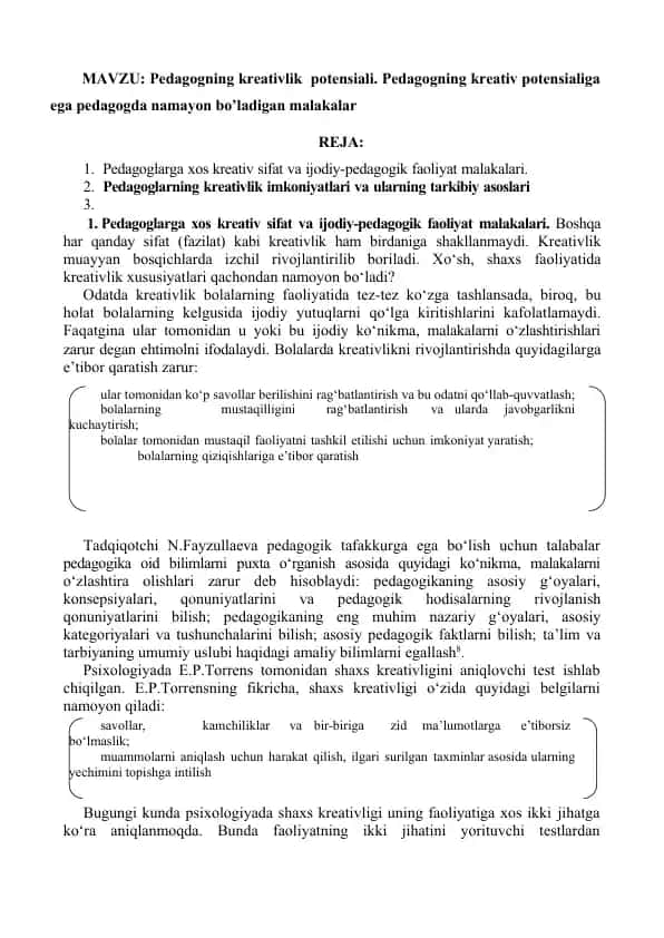 Pedagogning kreativlik potensiali
