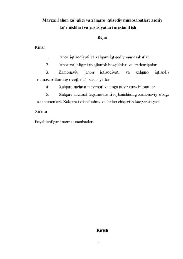 Jahon xo’jaligi va xalqaro iqtisodiy munosabatlar