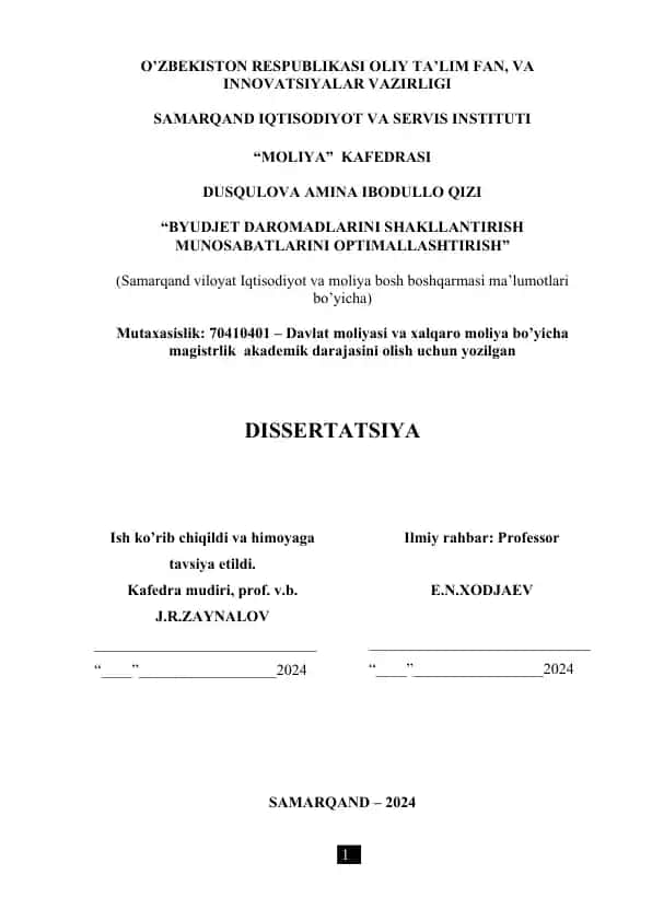 "Byudjet daromadlarini shakllantirish munosabatlarni optimallashtirish" dissertatsiya