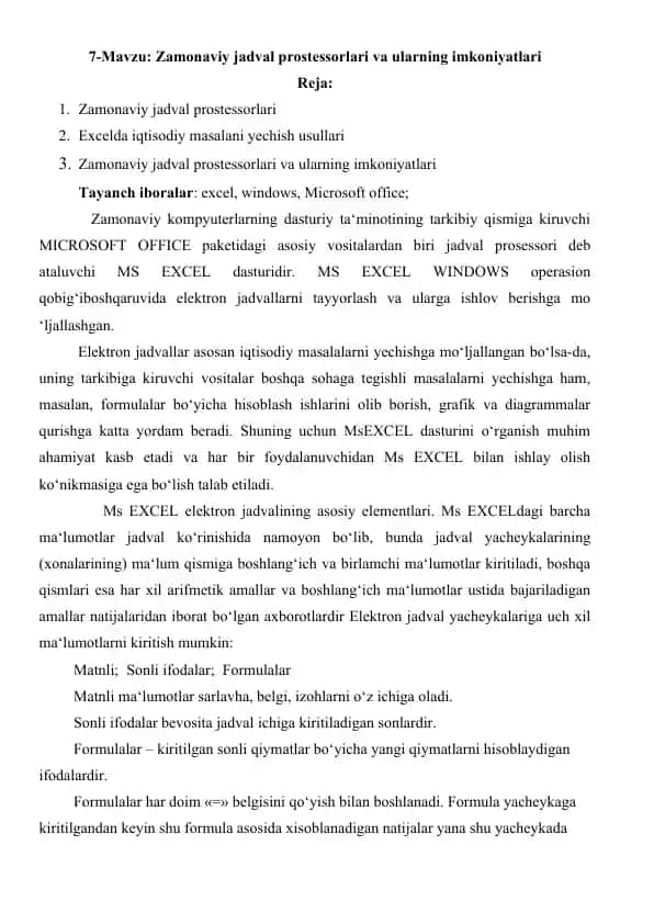 Zamonaviy jadval prostessorlari va ularning imkoniyatlari