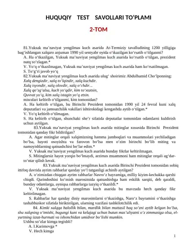 HUQUQIY TEST SAVOLLARI TO‘PLAMI 2-TOM