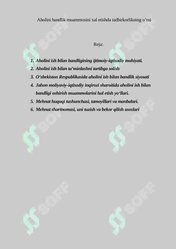 Aholini bandlik muammosini xal etishda tadbirkorlikning o’rni