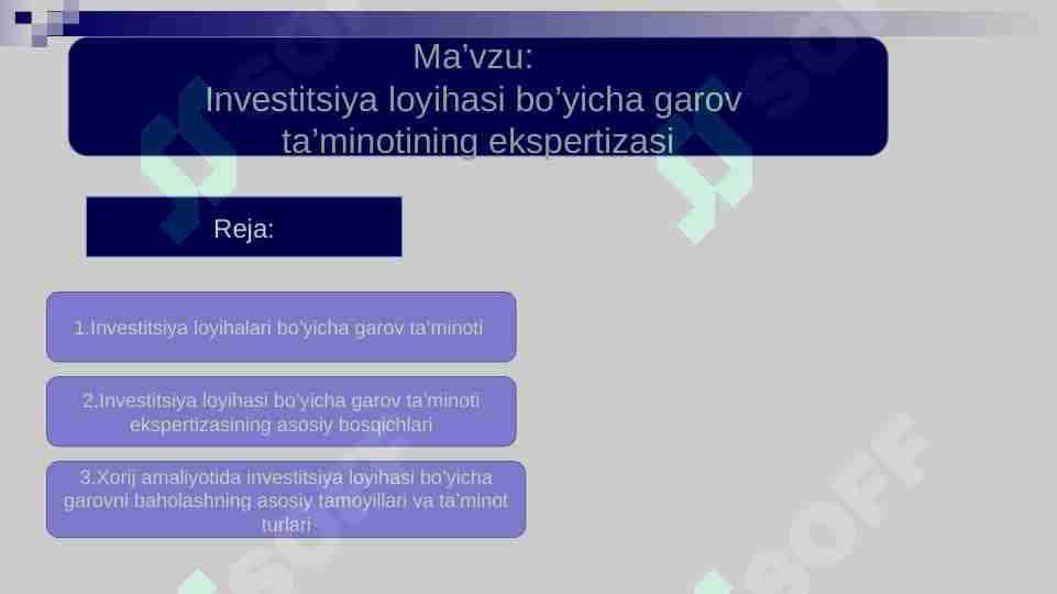 Investitsiya loyihasi bo’yicha garov ta’minotining ekspertizasi