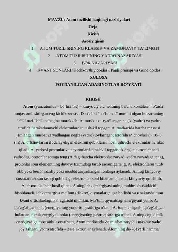 Atom tuzilishi haqidagi naziriyalar mavzusida mustaqil ish