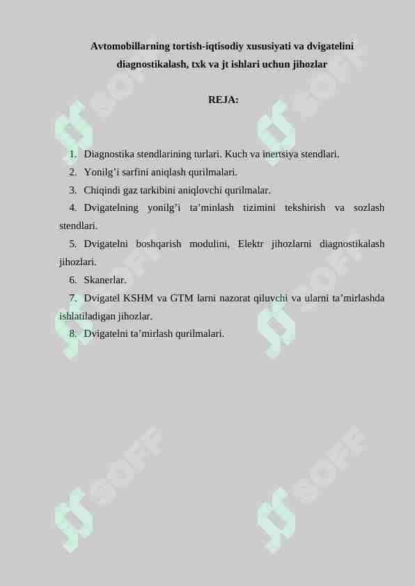 Avtomobillarning tortish-iqtisodiy xususiyati va dvigatelini diagnostikalash, txk va jt ishlari uchun jihozlar