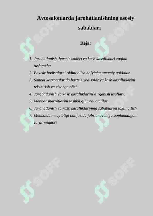 Avtosalonlarda jarohatlanishning asosiy sabablari