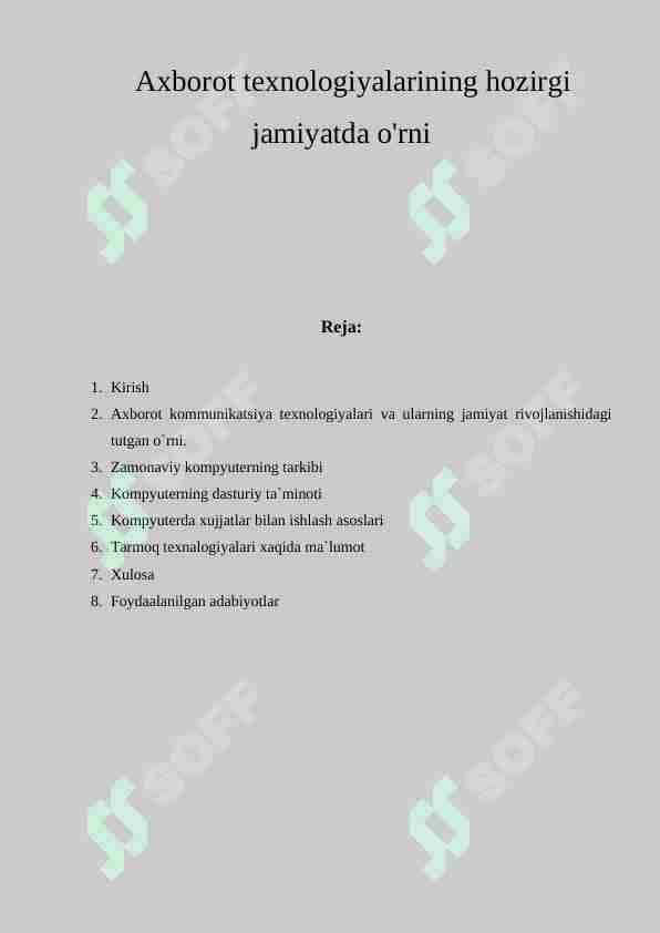 Axborot texnologiyalarining hozirgi jamiyatda o'rni