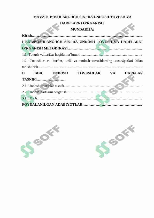 BOSHLANG’ICH SINFDA UNDOSH TOVUSH VA HARFLARNI O’RGANISH