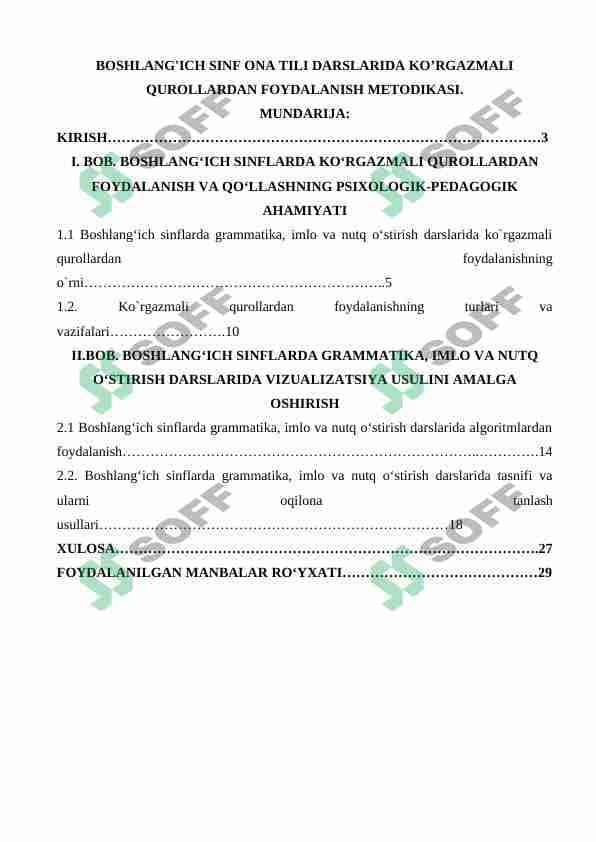 Boshlang'ich sinf ona tili darslarida ko’rgazmali qurollardan foydalanish metodikasi. kurs ishi