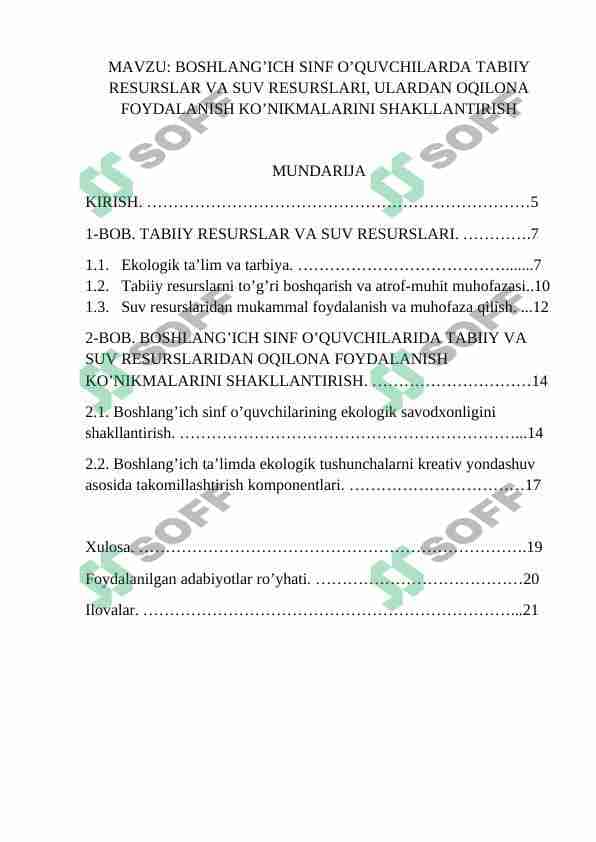 BOSHLANG’ICH SINF O’QUVCHILARDA TABIIY RESURSLAR VA SUV RESURSLARI, ULARDAN OQILONA FOYDALANISH KO’NIKMALARINI SHAKLLANTIRISH