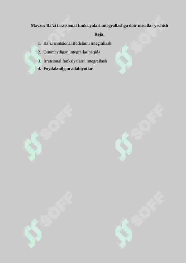 Baʼzi irratsional funksiyalari integrallashga doir misollar yechish