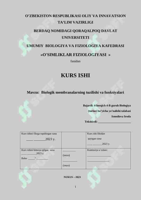 Biologik membranalarning tuzilishi va funksiyalari