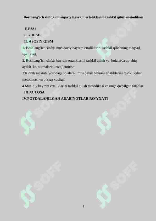 Boshlang’ich sinfda musiqaviy bayram ertaliklarini tashkil qilish metodikasi
