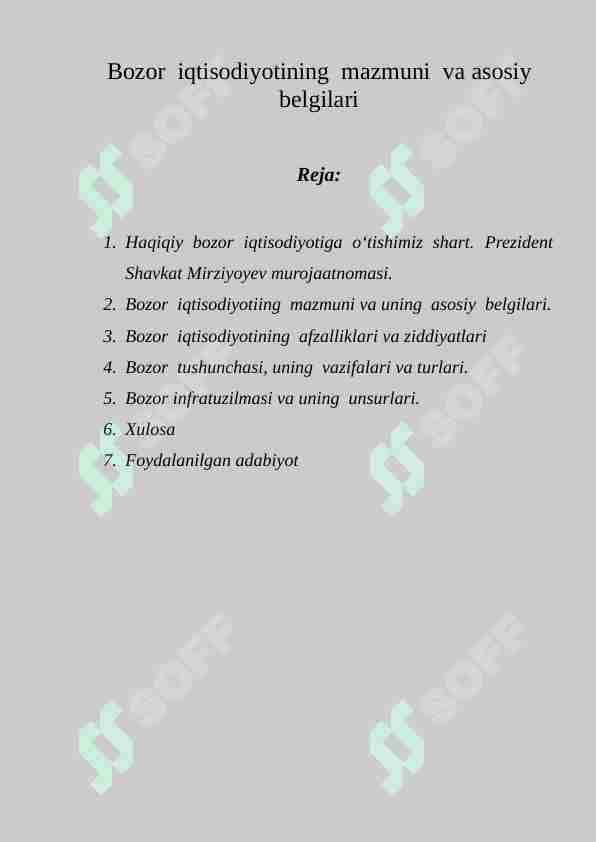 Bozor iqtisodiyotining mazmuni va amal qilishi