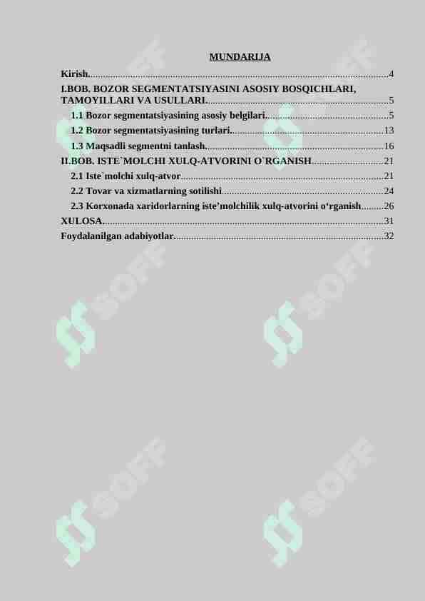 Bozor segmentatsiyasi. kurs ishi