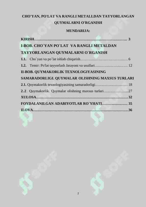 CHO'YAN, PO'LAT VA RANGLI METALLDAN TAYYORLANGAN QUYMALARNI O'RGANISH