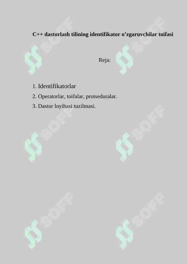 C++ dasturlash tilining identifikator o’zgaruvchilar toifasi