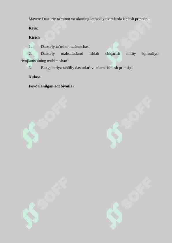 Dasturiy ta’minot va ularning iqtisodiy tizimlarda ishlash printsipi
