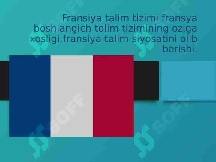 Fransiya talim tizimi fransya boshlangich tolim tizimining oziga xosligi.fransiya talim siyosatini olib borishi.