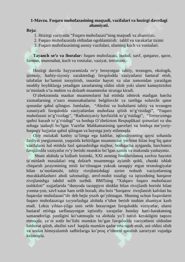 Fuqaro muhofazasining maqsadi, vazifalari va hozirgi davrdagi ahamiyati.
